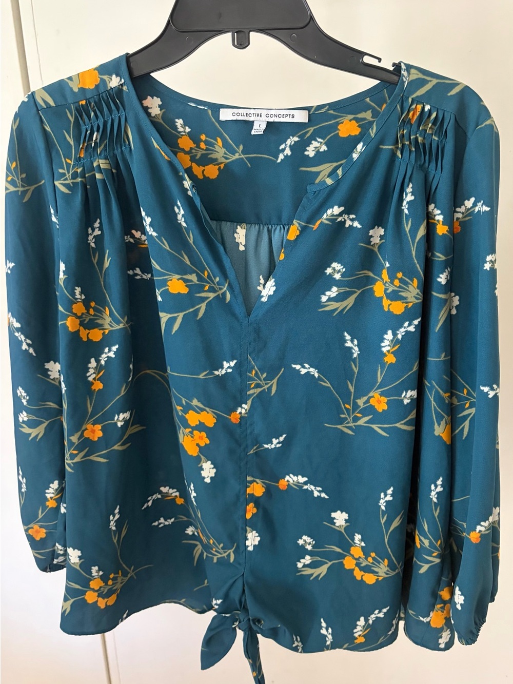 STITCH FIX Collective Concepts Teal Floral Tie-Hem Blouse